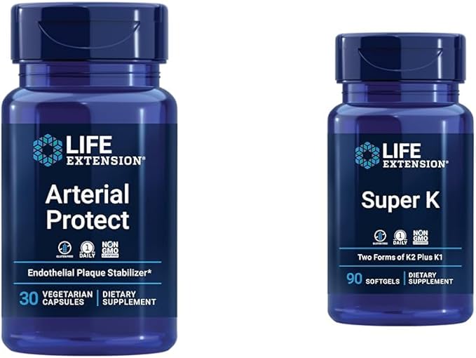 Life Extension Arterial Protect Blood Pressure Support with Gotu Kola & Pycnogenol Pine Bark Extracts Bundle with Super K Vitamin K1 K2 MK-7 MK-4 Vitamin C Bone & Arterial Health