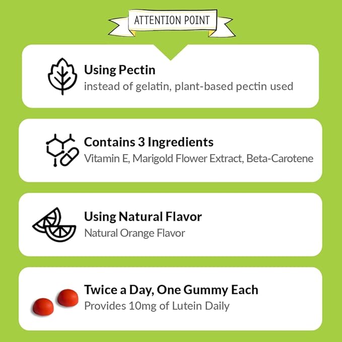 Lutein Eye Health Gummies – Marigold Extract with Vitamin E & Beta-Carotene – Orange Flavor Chewable Supplement (60 Gummies)