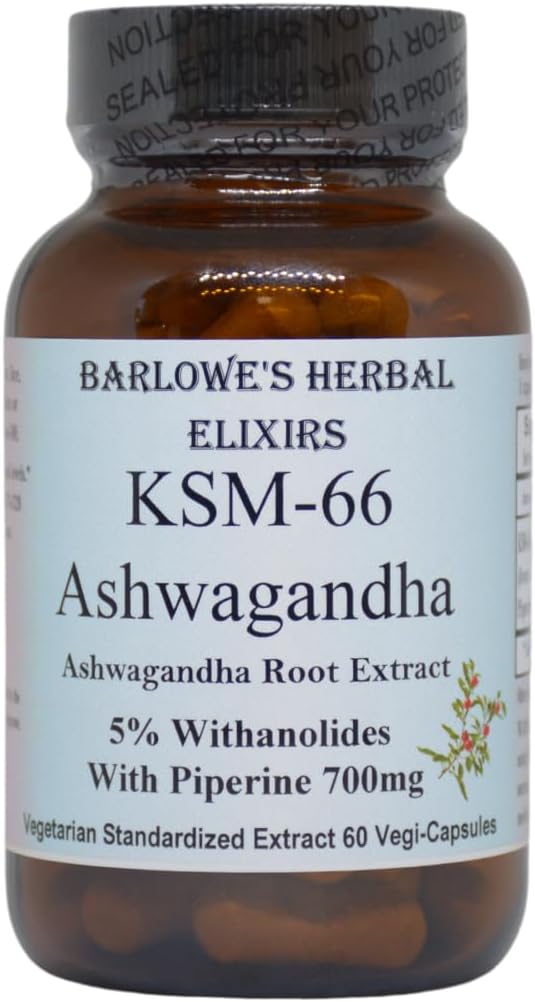 Barlowe's Herbal Elixirs KSM-66 Ashwagandha | Ashwagandha Root Extract | 5% Withanolides | 700mg per Capsule | 60 Veggie Capsules | Stearate Free | Glass Bottle
