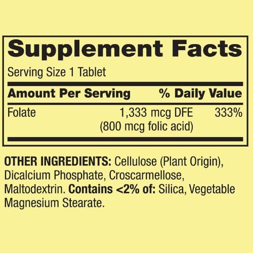 Generic Spring Valley Folate 1,333 mcg DFE, Folic Acid 800 mcg, 400 Tablets - Dietary Supplement, Women's Health Boost, Metabolism & Heart Support - Bundle with+ Sticker Dri Store