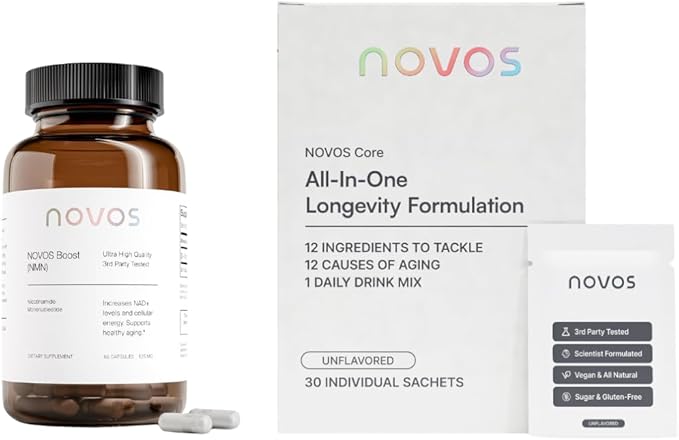 Novos Core Unflavored + Boost NMN – Pure Longevity Stack | NMN Capsules & Unflavored Drink Mix for Cellular Repair, Energy & DNA Support