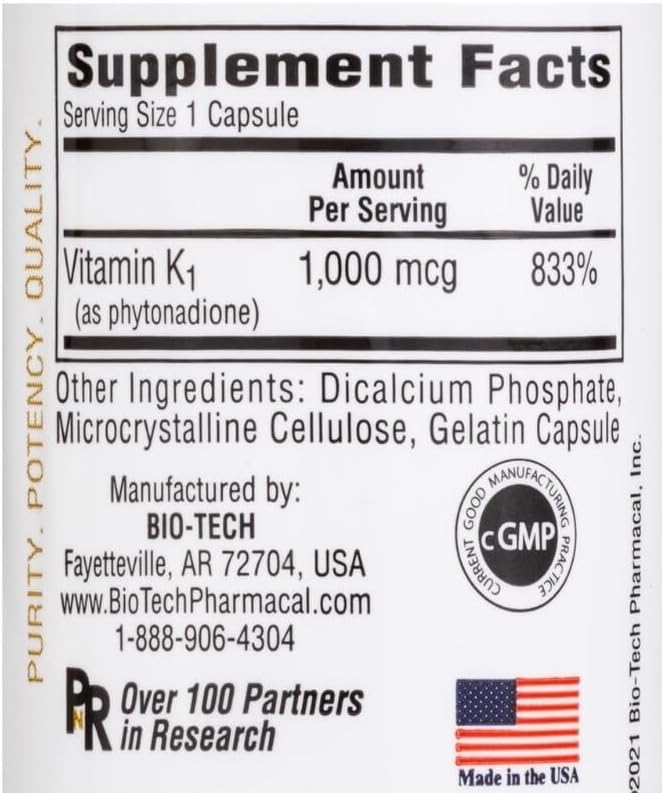 K1-1000 (Vitamin K1) 100 Capsules - 3 Pack - Bio-Tech Pharmacal