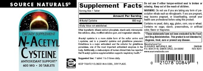 Source Naturals N-Acetyl Cysteine Antioxidant Support 600 mg Dietary Supplement that Supports Respiratory Health* - 30 Tablets