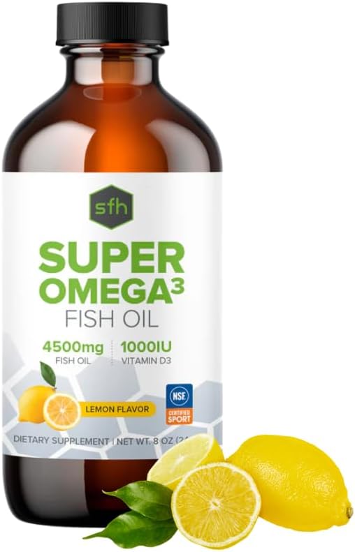 SFH Omega 3 Fish Oil Liquid 3400mg |EPA & DHA + 1000 IU Vitamin D3 | Lemon Flavor Liquid Fish Oil Supplement | Sustainably Sourced Alaskan Pollock | 8 fl oz