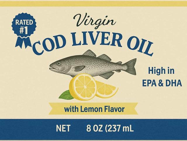 Virgin Cod Liver Oil - 8 Fl oz Natural, Wild Caught & Fresh Tasting,.High in Vitamin D, Omega 3 DHA/EPA (Peppermint Flavored)