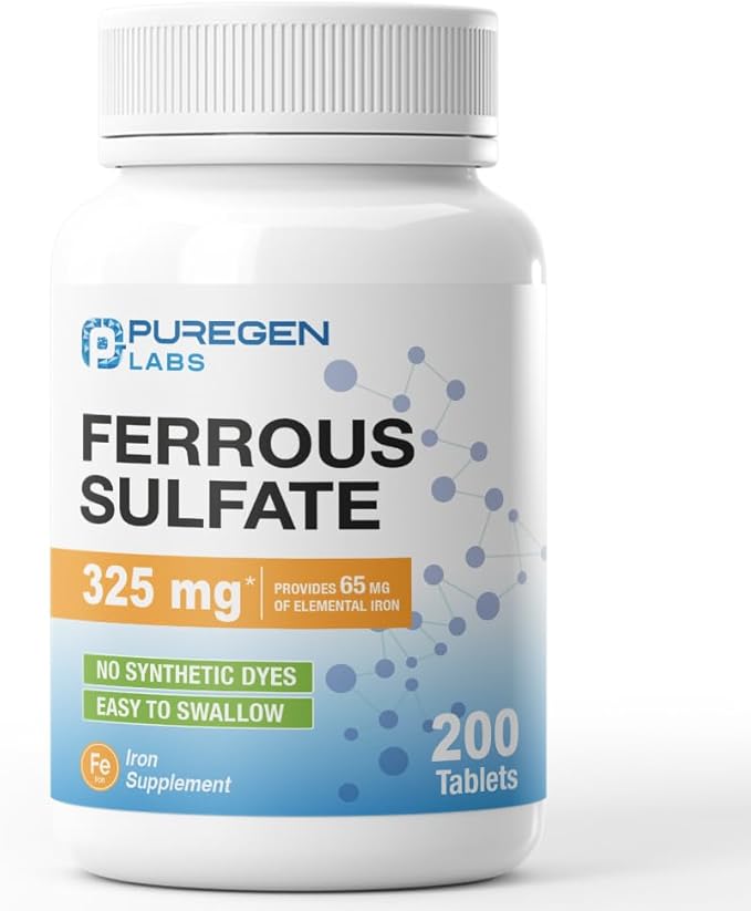 Puregen Labs Ferrous Sulfate 325 mg (65 mg Elemental Iron) High Potency Iron Supplement | No Artificial Color Additives - 200 Tablets
