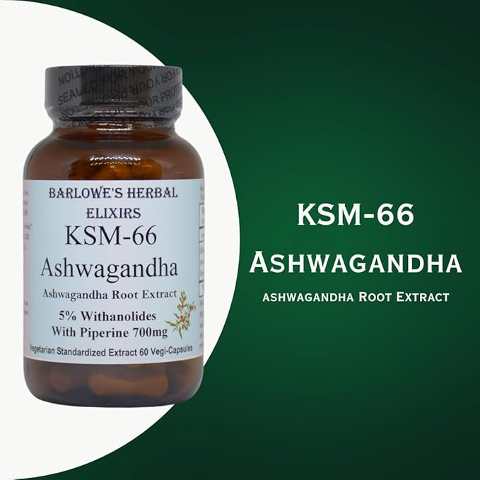 Barlowe's Herbal Elixirs KSM-66 Ashwagandha | Ashwagandha Root Extract | 5% Withanolides | 700mg per Capsule | 60 Veggie Capsules | Stearate Free | Glass Bottle