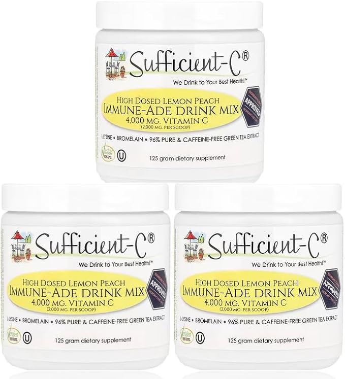 Sufficient-C High Dose Vitamin C Lemon Peach Immune-Ade Drink Mix - 125 gram Three (3) Pack