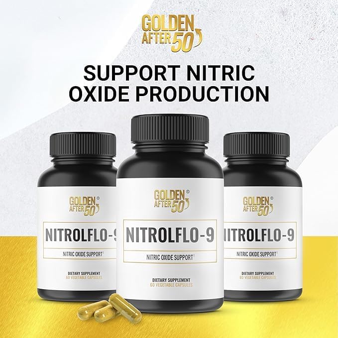 Golden After 50 NitrolFlo-9 - Nature-Powered Nitric Oxide Supplement with Pomegranate Extract, Grape Seed, and S7 - Supports Nutrient Circulation and Optimal Energy - 6 Bottles