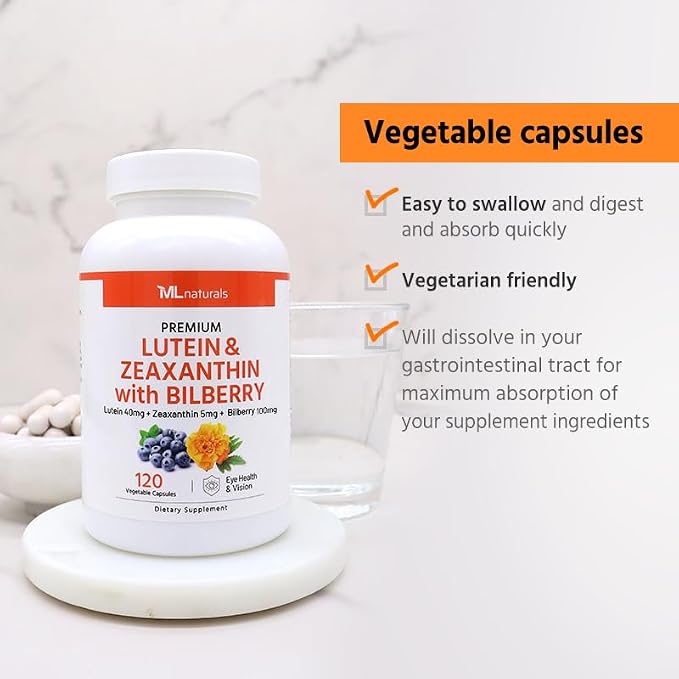 ML Naturals Lutein & Zeaxanthin with Bilberry – 40mg Lutein, 5mg Zeaxanthin & 100mg Bilberry (Per Serving) – 120 Vegetable Capsules – Supports Eye Health & Vision