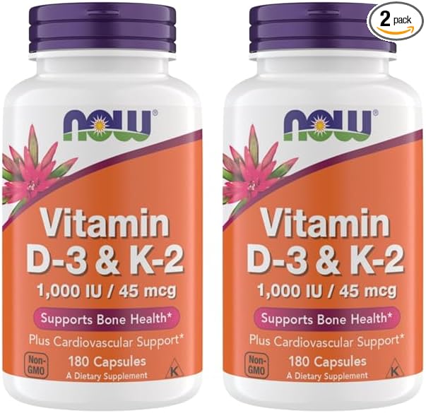 Now Supplements Vitamin D3 K2, 1,000 IU/45 mcg, Cardiovascular Support, Supports Bone Health, 180 Vegetarian Capsules - Vegan, Gluten Free, Kosher Vitamin D3 and K2 Supplements (2)