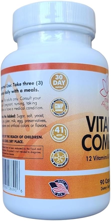 Vitamin Complex Multivitamins and Multiminerals - 12 Vitamins and 14 Minerals, Vitamin A C D3 E B1 B2 B3 B5 B6 B9 B12 H and Minerals - 90 capsules 41 Active Ingredients, Micronized for max absorption.