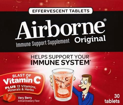 Airborne 1000mg Vitamin C with Vitamin D & Zinc, Sugar Free Multivitamin Immune Support Supplement, Antioxidants Vitamins A C & E, Very Berry Flavor, 30 Tablets (Pack of 2)