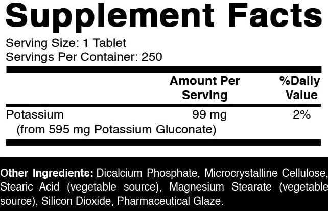 Oxify Potassium Gluconate 595 mg | 250 Tablets | Gluten-Free, Non-GMO | Supplement Made in USA