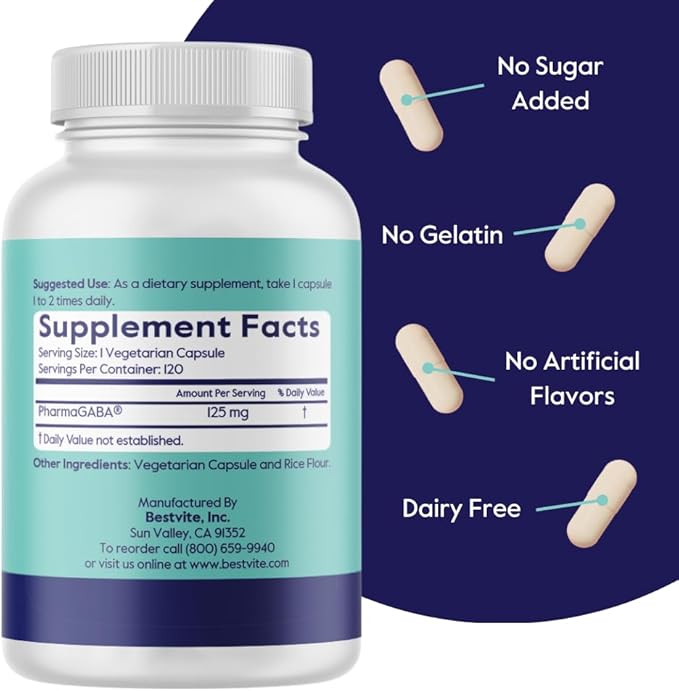 BESTVITE PharmaGABA (120 Veggie Caps) - Natural GABA Supplement - No Stearates - Vegan - Non GMO - Gluten Free