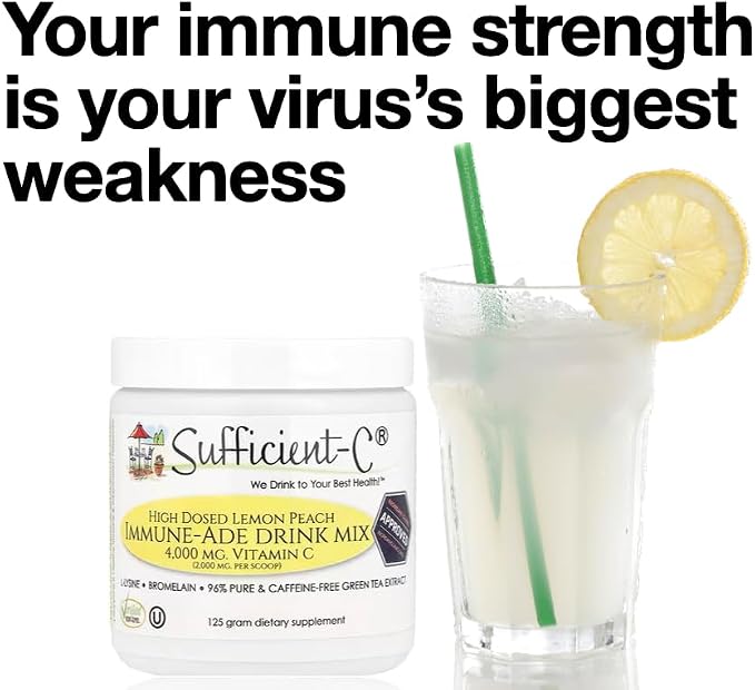 Sufficient-C High Dose Vitamin C Lemon Peach Immune-Ade Drink Mix - 125 gram Three (3) Pack