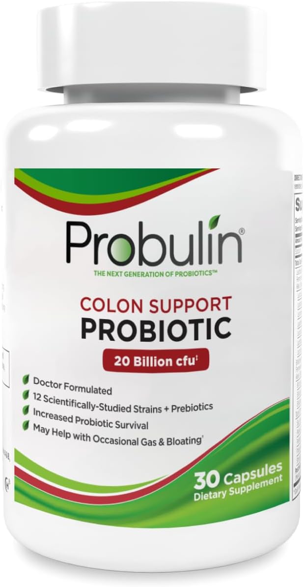 Probulin Colon Support Probiotic Supplement, Daily Gut, Digestive, and Immune Health Probiotics Capsules for Men and Women, 20 Billion CFU, Vegan, 30 Count Bottle