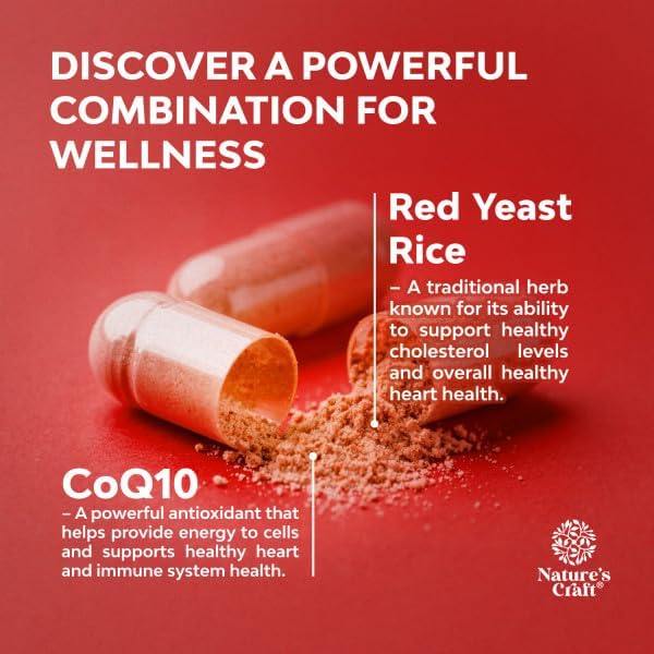 Natures Craft Red Yeast Rice with CoQ10 Supplement - Advanced Healthy Heart & Healthy Cholesterol Levels Formula for Men & Women - Red Yeast Rice Capsules with 1200 mg per Serving and CoQ10-120 Count