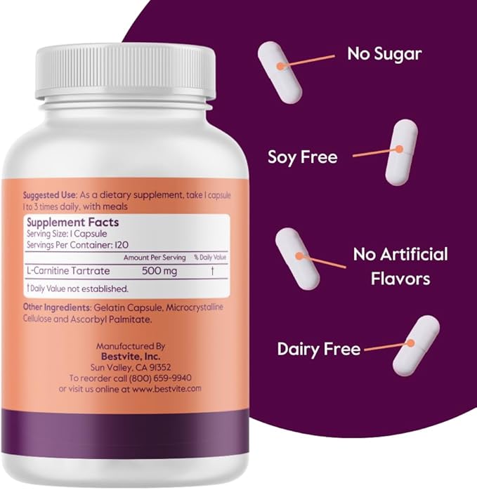 BESTVITE L-Carnitine Tartrate 500mg per Capsule (240 Capsules)(120x2) - No Stearates - Non GMO - Gluten Free - Supports Heart Health & Energy Production*
