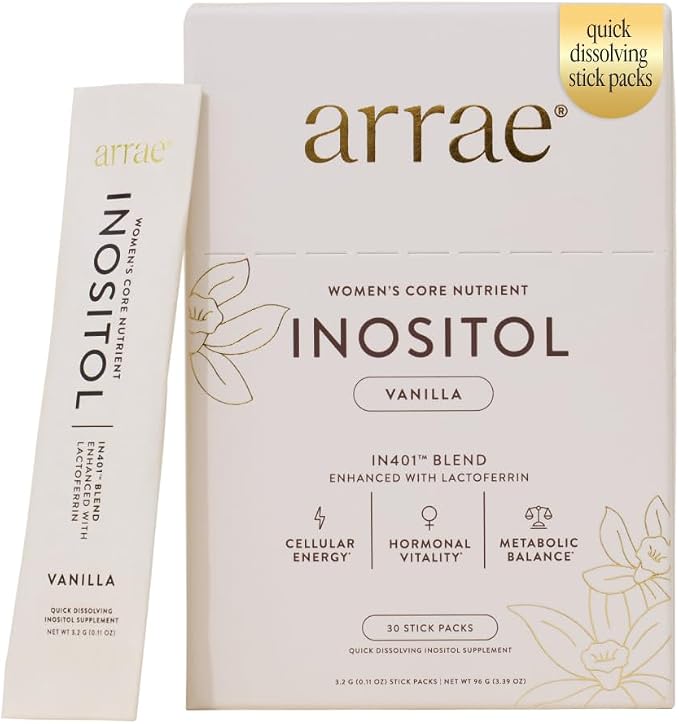 Arrae Inositol Supplement for Women - Supports Healthy Hormonal Balance, Regular Cycles, & Ovarian Health - 40:1 Myo & D-Chiro Raton with Lactoferrin & Folate - Vanilla Flavor - 30 Pack
