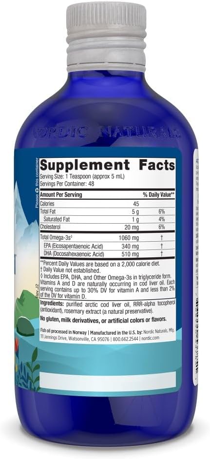 Nordic Naturals Arctic Cod Liver Oil, Unflavored - 8 oz - 1060 mg Total Omega-3s with EPA & DHA - Heart & Brain Health, Healthy Immunity, Overall Wellness - Non-GMO - 48 Servings (Pack of 2)