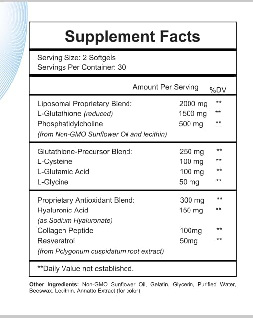 Liposomal Glutathione Supplement High-Potency Antioxidant L-Glutathione Supplement Collagen Resveratrol Hyaluronic Acid Supports Skin Health & Overall Wellness 2550mg Active Ingredients 60 Softgels