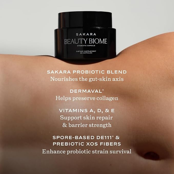 SAKARA Beauty Biome – Daily Synbiotic Supplement for Skin + Gut Health with Probiotic, Dermaval, Vitamins A, D, E, Antioxidants, Prebiotics & Enzymes – for Clear, Radiant, Hydrated Skin – 60 Capsules