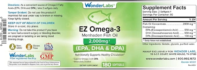 Wonder Laboratories EZ Omega-3 Atlantic Menhaden Fish Oil Supplement 2000 mg, Burpless, Made in The USA, Perfect Balance of EPA+ DHA + DPA 180 Softgels
