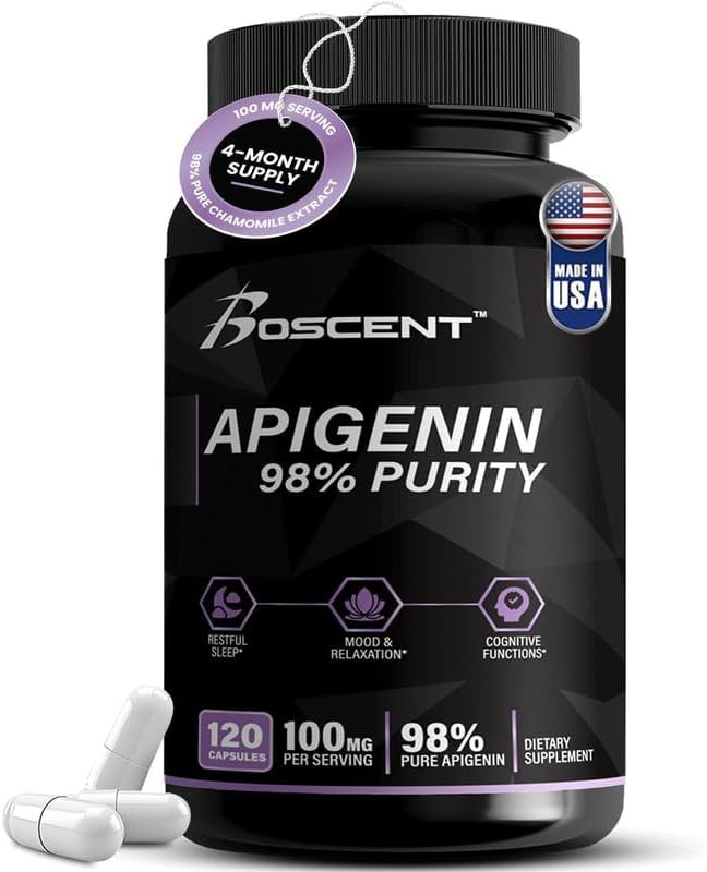 Apigenin Supplement 100mg from Chamomile Extract 120 Count - 98% purity- Apigenin Supplement for Sleep, Mood, Cognition, Prostate health - Excellent sleep aid, Non-GMO, No Fillers - 4-Month Supply