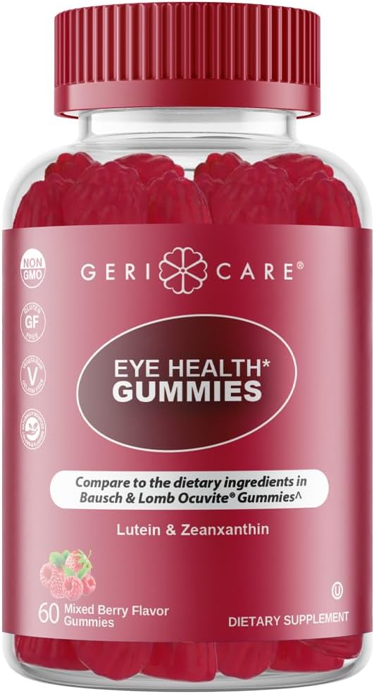 GeriCare Eye Support Gummies, Compare to Bausch and Lomb Ocuvite Gummy, Lutein & Zeaxanthin Vision Health Supplement, Naturally Sourced, Plant-Based, Non-GMO, Gluten-Free, 60 Chewable Berries Gummies