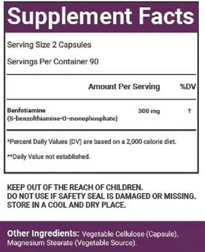 Benfotiamine 300mg, 180 Veggie Capsules, Fat Soluble Vitamin B1, Non-GMO, Gluten-Free, Vegan