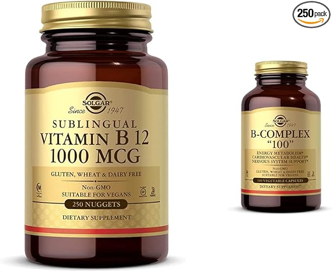 Solgar Vitamin B12 1000 mcg, 250 Nuggets - Supports Production of Energy, Red Blood Cells - Healthy with B-Complex 100", 100 Vegetable Capsules - Heart Health - Nervous System Support - Supports En