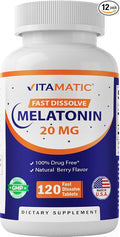 Vitamatic Melatonin 20 mg Tablets | Vegetarian, Non-GMO, Gluten Free | HIGH Potency 20 MG | Natural Berry Flavor (1/2 Tablets = Melatonin 10 mg) (120 Count (12 Pack Wholesale Buy))