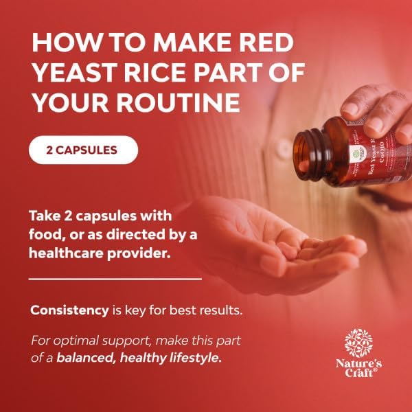 Natures Craft Red Yeast Rice with CoQ10 Supplement - Advanced Healthy Heart & Healthy Cholesterol Levels Formula for Men & Women - Red Yeast Rice Capsules with 1200 mg per Serving and CoQ10-120 Count