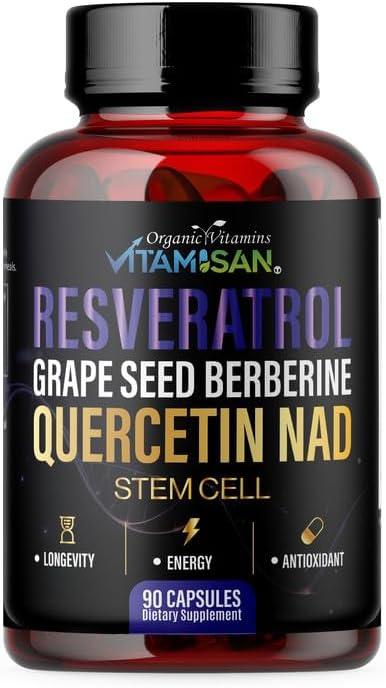 VITAMISAN Resveratrol with Quercetin, NAD+, Grape Seed, Berberine & CoQ10 – Antioxidant & Cellular Energy Support – 90 Capsules – Made in USA
