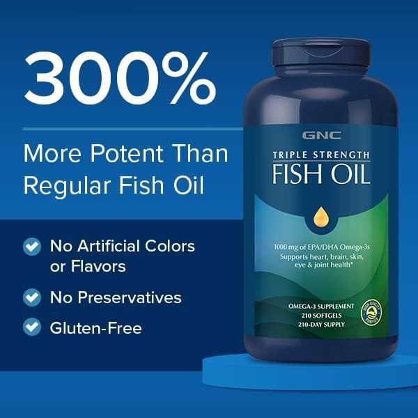 GNC Triple Strength Fish Oil Omega 3 Supplement, 1000mg EPA and DHA, Supports Heart, Brain, Skin, Eye and Joint Health, Burpless, Ultra Concentrated, High Potency, Wild Caught, 120 Softgels