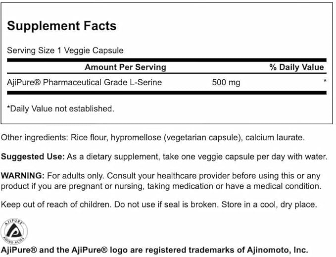 Swanson Ajipure L-Serine - Amino Acid Supplement Supporting Brain Health & Nervous System Function - Natural Formula Promoting Cognitive Function - (60 Veggie Capsules, 500mg Each) (2 Pack)