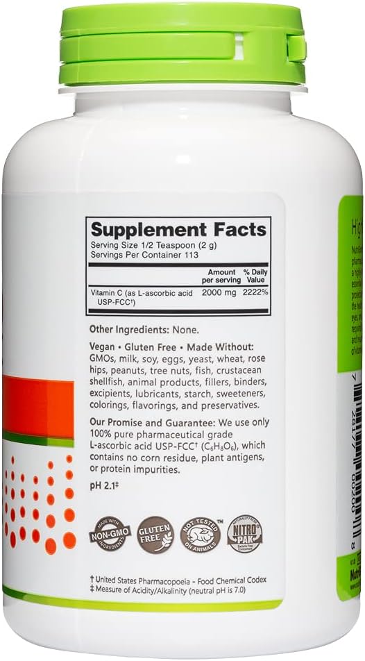 NutriBiotic Ascorbic Acid Vitamin C Powder, 8 Oz | Pharmaceutical Grade L-Ascorbic Acid, 2000 Mg Per Serving | Essential Immune & Antioxidant Collagen Support Supplement | Vegan, Gluten & GMO Free