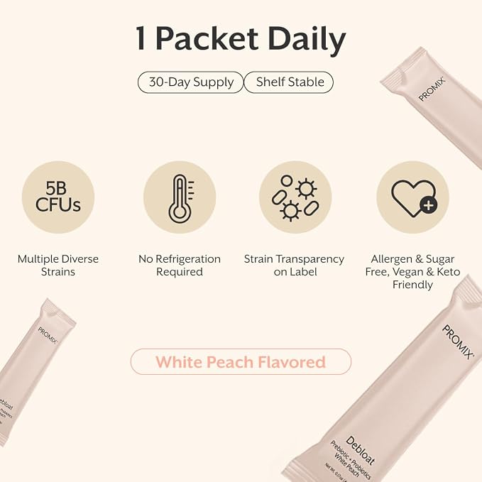 ProMix Nutrition Debloat Prebiotics and Probiotics, Bloating Relief for Women, Gut Cleanse Detox for Men and Immune Support - White Peach - 30 Servings (Pack of 30)