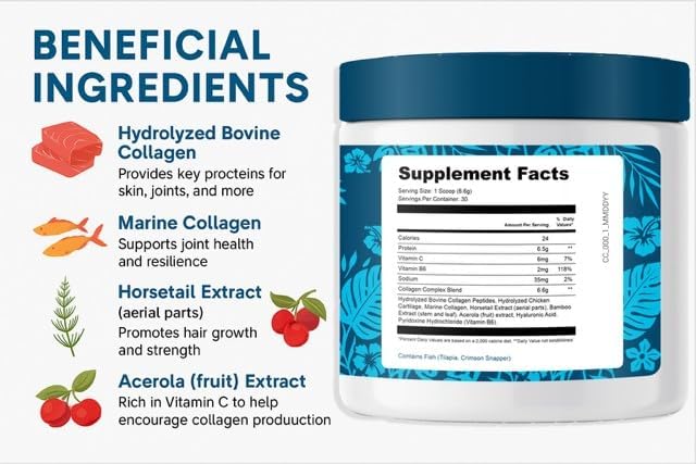 Collagen Complex Powder Multi-Type Collagen Peptides with Marine, Bovine & Chicken Collagen, Hyaluronic Acid, Vitamin C, Bamboo & Horsetail Extract 6.6g Protein Per Serving 30 Servings