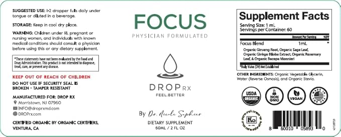 DropRx Focus, Liquid Drop Supplement for Memory, Brain Support, Clarity & Focus - Ginkgo Biloba and Ginseng Organic Herbal Blend - Made in USA by Dr. Nicole Saphier (2fl.oz)