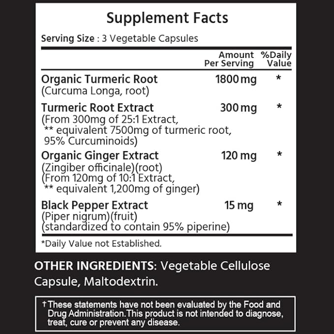 ML Naturals Organic Turmeric Curcumin – 1,800mg, Root Extract 300mg - 120mg Organic Ginger & 15mg Black Pepper (Per Serving) - 90 Vegetable Capsules – Non-GMO