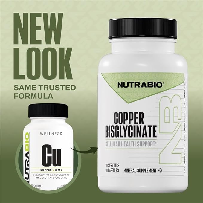NutraBio Chelated Copper Bisglycinate Supplement (3mg), Immune Support - Copper Supplement- 90 Capsules