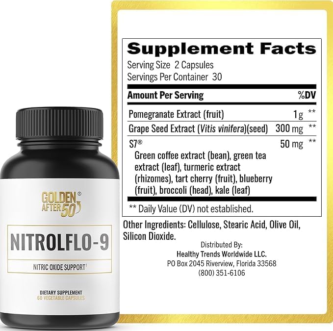 Golden After 50 NitrolFlo-9 - Nature-Powered Nitric Oxide Supplement with Pomegranate Extract, Grape Seed, and S7 - Supports Nutrient Circulation and Optimal Energy - 6 Bottles