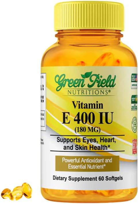 Greenfield Nutritions Halal Vitamin E 400 IU Softgels (180mg) 60 Counts – Dietary Supplement for Skin, Heart, Eye, and Immune Health Support – 2 Month Supply