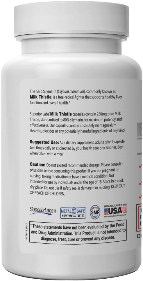 Superior Labs Milk Thistle NonGMO - 80% Silymarin Flavonoids - Powerful Formula for Healthy Liver, Kidney, Detox and Function, Energy - 250mg 4:1 Extract Yielding 1,000mg, 120 Vegetable Caps