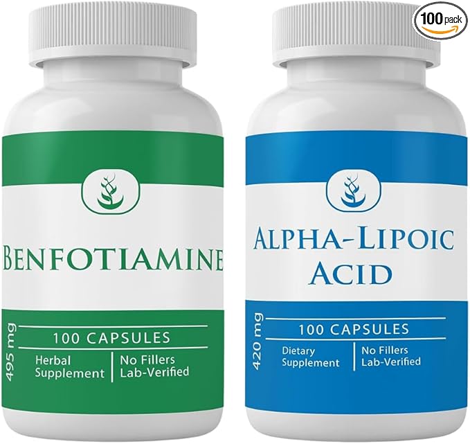 PURE ORIGINAL INGREDIENTS Benfotiamine and Alpha-Lipoic Acid Bundle, 100 Capsules Each, Always Pure, No Additives or Fillers, Lab Verified