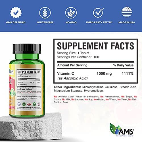 America Medic & Science Rapid-C 1000mg Vitamin C Supplement (3 Pack of 100 Tablets) Energy Booster, Daily Immune System Support, Antioxidant | Vegan, Non-GMO Coated Ascorbic Acid for Adult Men & Women