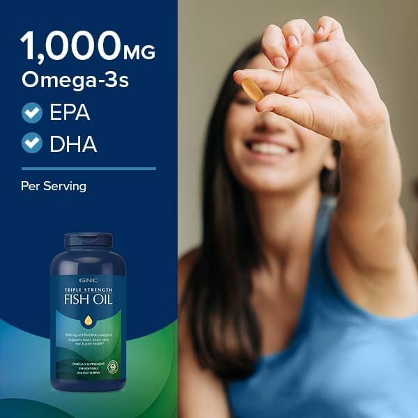 GNC Triple Strength Fish Oil Omega 3 Supplement, 1000mg EPA and DHA, Supports Heart, Brain, Skin, Eye and Joint Health, Burpless, Ultra Concentrated, High Potency, Wild Caught, 120 Softgels