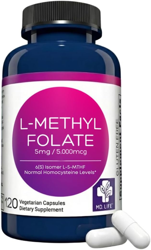 MD Life L-Methylfolate 5 mg Supplement - Professional-Grade Active L Methylfolate Supplement - 120 Capsules - L-Methylfolate 5mg - Maximum Potency MTHFR W/Essential Amino Acids